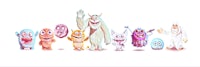 a group of cartoon characters standing in a row