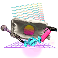 a pink bag with a pink crystal and other items